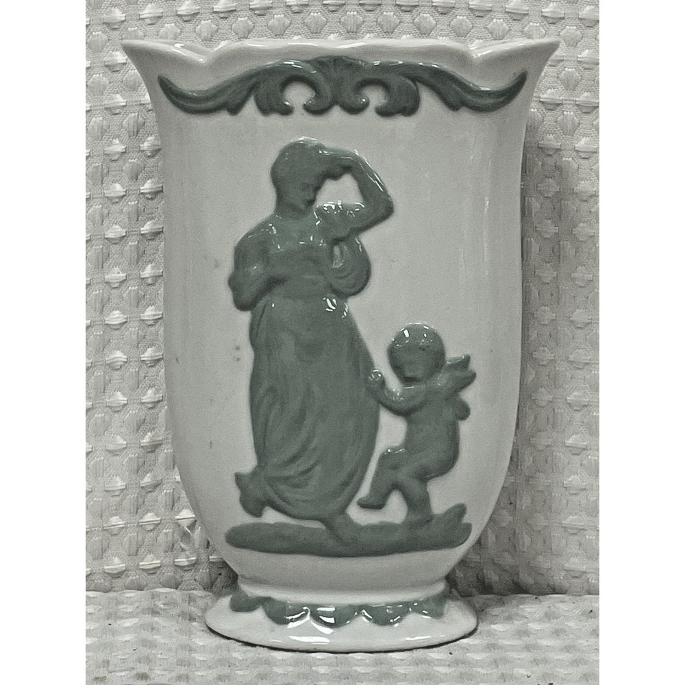 VTG Porcelain Table Vase White Green Neoclassical Relief Cherub Jasperware Style
